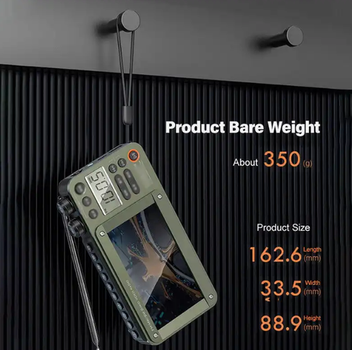 Portable rechargeable video radio, supports AM.FM and SW bands, equipped with Bluetooth, supports USB.Micro SD cards, 5W speaker, and headphone jack.