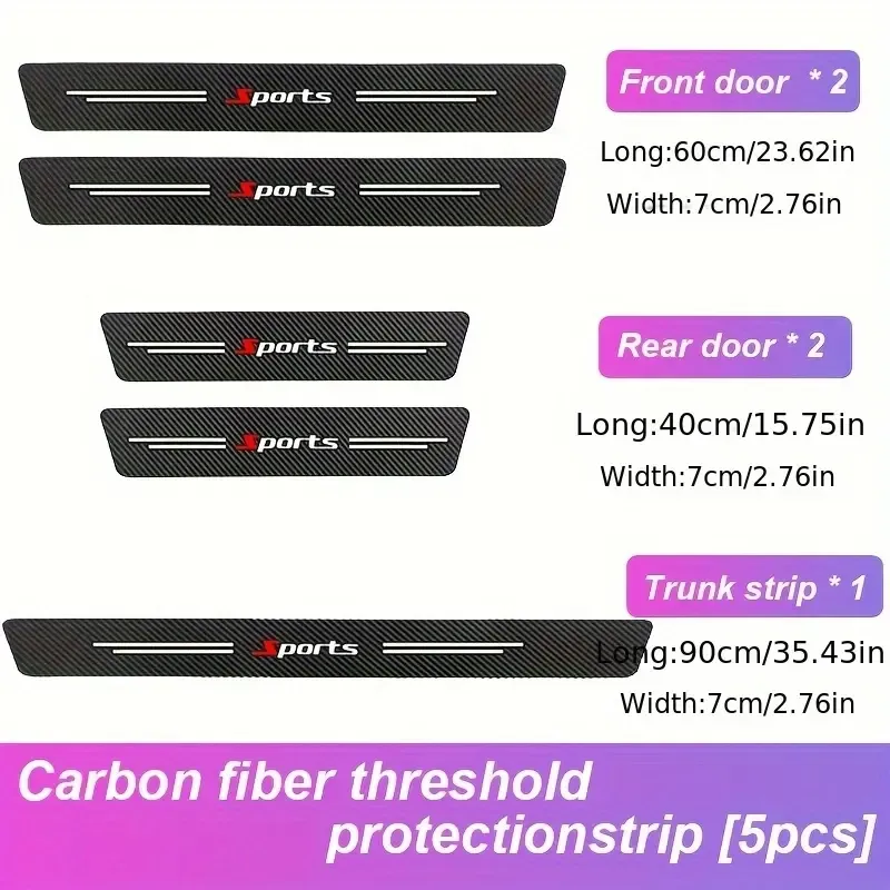 5-piece set of sports carbon fiber patterned threshold protection strip, trunk protection strip, scratch resistant, abrasion resistant, anti stepping threshold decoration strip, universal car accessories