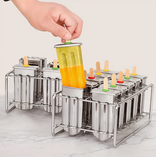 10pcs 304 Stainless Steel Popsicle Mold Set with Lids, Stainless Steel Popsicle Stick Holder Base, and Ice Cream Sticks - DIY Metal Popsicle Molds, Creative Fruit Popsicle Molds, Kitchen Tools