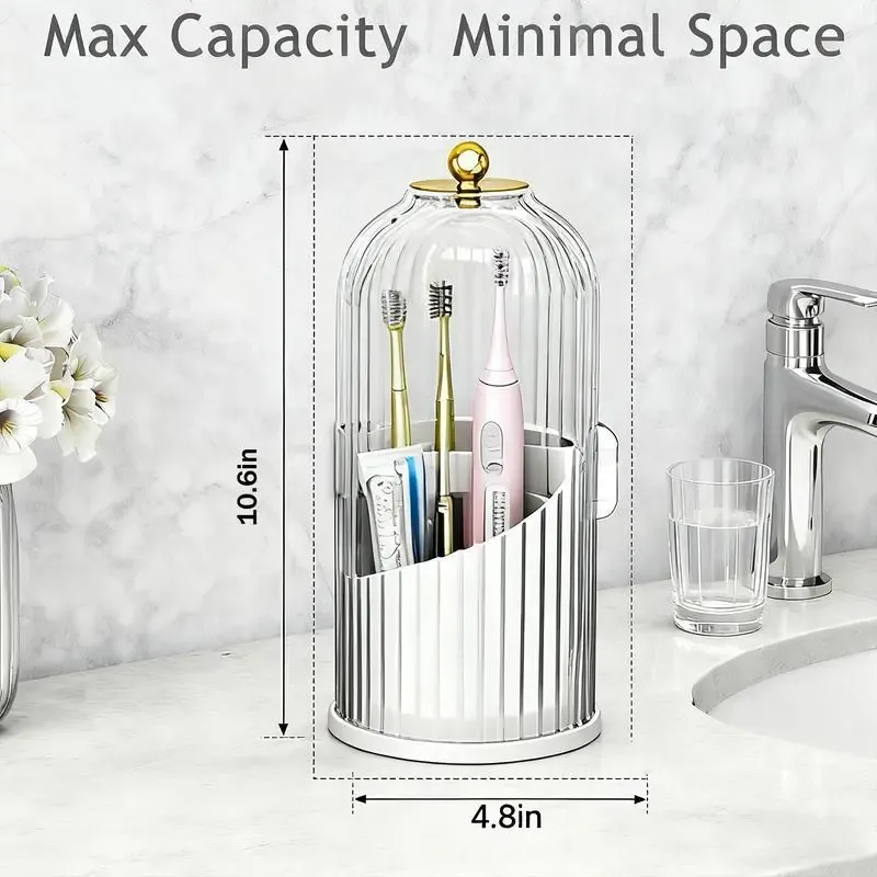 Dustproof Toothbrush Holders with Cover, Rotating Electric Toothbrush and Toothpaste Holder for Bathroom Countertop, 3 Slots Transparent Makeup Brushes Organizer for Vanity Dresser Bathroom & Office Makeup Brushes Holder, Beauty Organiser