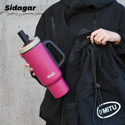 Tumbler with Handle,36 oz Ceramic Lined Travel Mug Water Bottle with Straw,Vacuum Insulated Stainless Steel Cup with Lid,Fits Cup Holder, Leak Resistant Press-in Lid, Purple