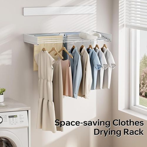 SYKIARIOL Wall Mounted Clothes Airer, Retractable Clothes Drying Rack, 80cm x 40cm x 10cm Foldable Laundry Drying Rack, Wall Mounted Clothes Drying Rack with 5 Rods, Drying Rack for Towel, White