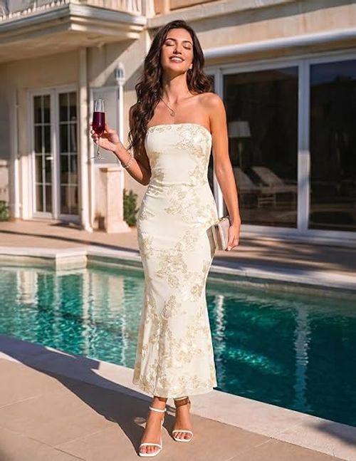 MEROKEETY Women's Floral Strapless Maxi Dress 2026 Summer Mesh Tube Bodycon Formal Wedding Guest Cocktail Party Long Dresses