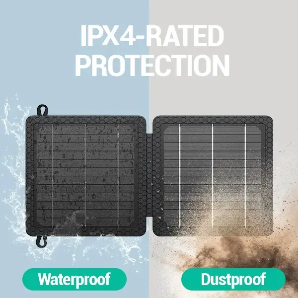 10W Solar Charger, IP65 Waterproof, Foldable with Dual USB Outputs (5V-2A Max) for iPhone, iPad, Samsung, and more. Ideal for outdoor use.