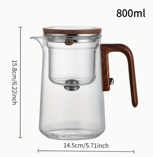 Creative Glass Magic Teapot, 800Ml 27.05Oz Wood Grain Handle Magnetic One-Button Brewing Heat-Resistant Tea Separator Cup Coffee Cup Witchcraft Teapot