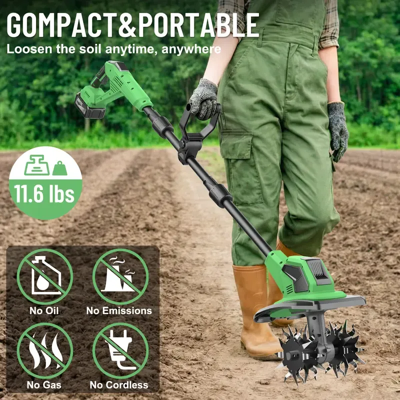 21V Cordless Tiller (Soil Cultivator) — 9-Inch Portable Garden Rototiller, Includes Two 4.0Ah Batteries and Charger.270 RPM Speed, Adjustable Handle. Electric Cultivation Tool Suitable for Flowerbeds, Orchards, and Raised Garden Beds