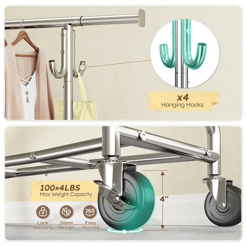 Raybee Clothes Rack for Hanging Clothing with Lockable Wheels,75 inches Extendable & Height Adjustable Coat Rack,Heavy Duty Clothes Racks Holds Up to 440LBS,Portable Rolling Garment Rack with 4 Hooks for Bedroom,Laundry Room,Commercial, Chrome