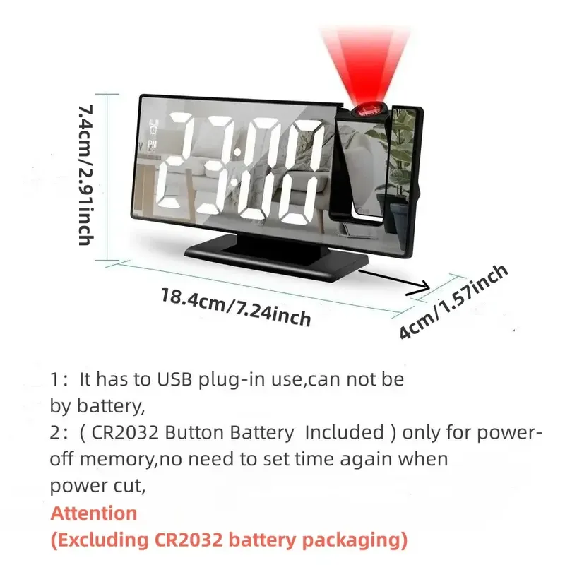 180° Arm Projection Alarm Clock, 1 Count USB Plug-In Digital Alarm Clock, Snooze Table Clock, 12-24-Hour Projector LED Clock, USB Powered Clocks, Home Decor