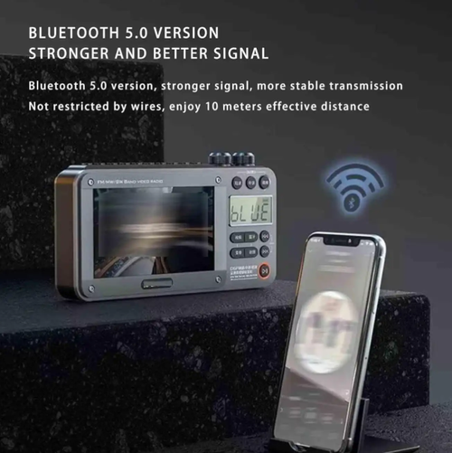 Portable rechargeable video radio, supports AM.FM and SW bands, equipped with Bluetooth, supports USB.Micro SD cards, 5W speaker, and headphone jack.