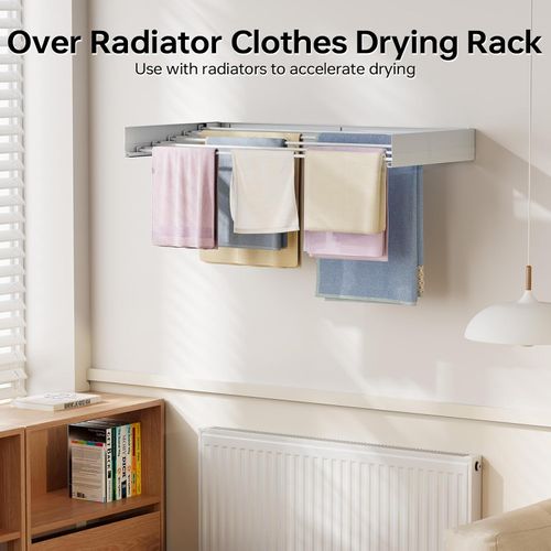 SYKIARIOL Wall Mounted Clothes Airer, Retractable Clothes Drying Rack, 80cm x 40cm x 10cm Foldable Laundry Drying Rack, Wall Mounted Clothes Drying Rack with 5 Rods, Drying Rack for Towel, White