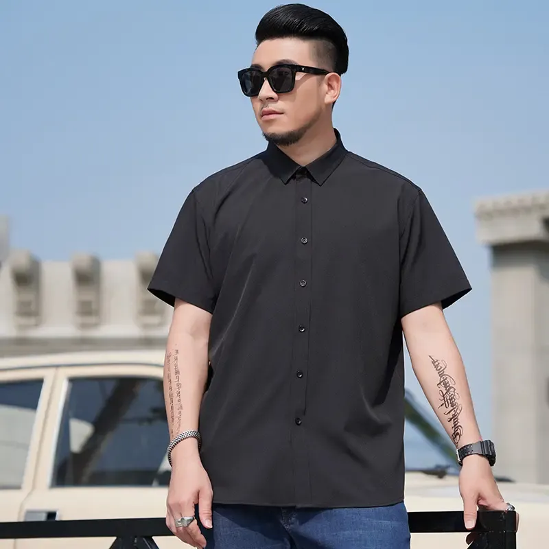60-175KG Men Oversized Korean Style Solid Color Turn Down Collar Short Sleeve Shirts