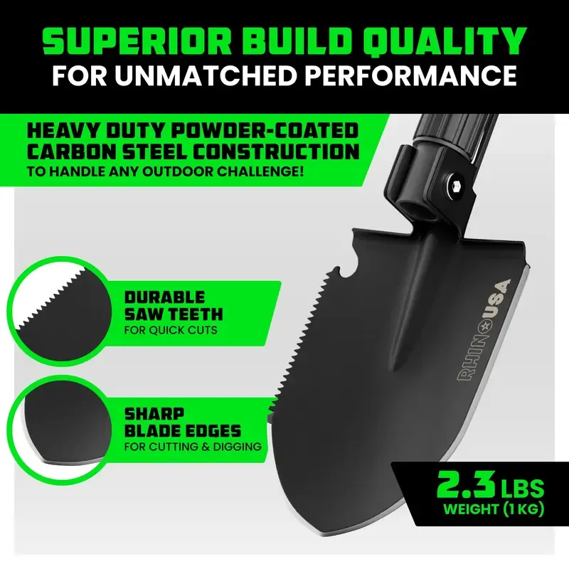 Rhino USA Survival Shovel w Pick Heavy Duty Carbon Steel Military Style Entrenching Tool for Offroad, Camping, Digging Dirt, Sand, Mud & Snow