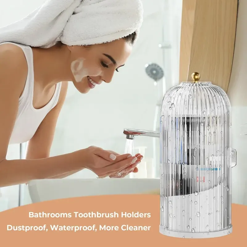 Dustproof Toothbrush Holders with Cover, Rotating Electric Toothbrush and Toothpaste Holder for Bathroom Countertop, 3 Slots Transparent Makeup Brushes Organizer for Vanity Dresser Bathroom & Office Makeup Brushes Holder, Beauty Organiser