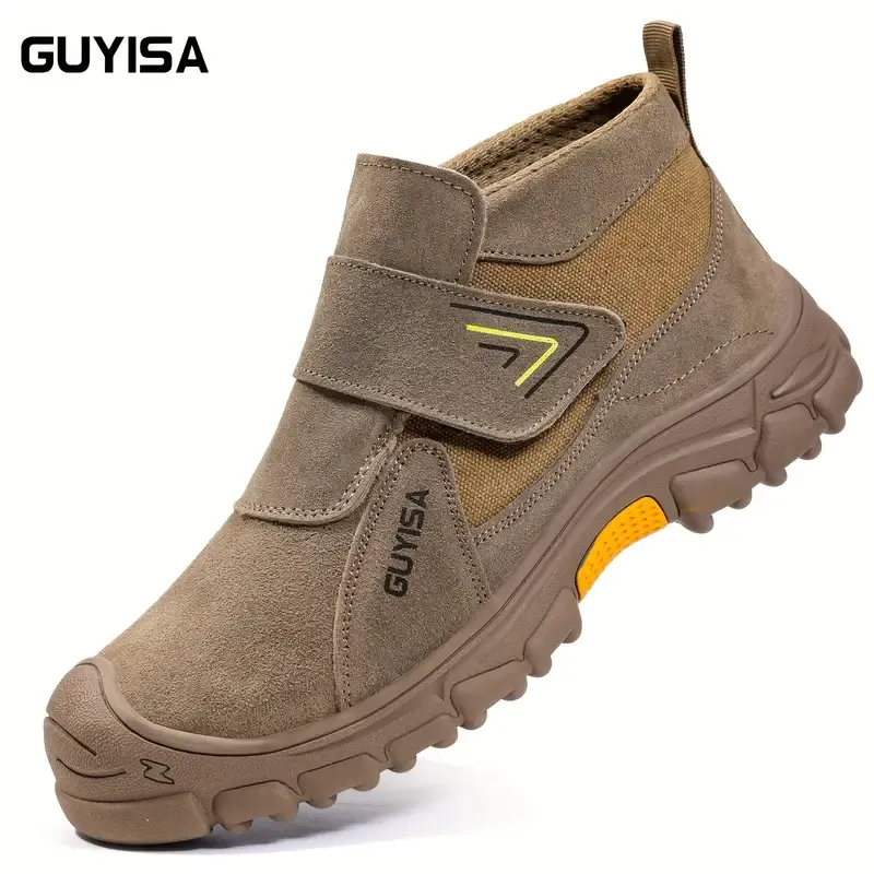 Safety shoes, labor protection shoes, impact-resistant, puncture-resistant, spark-resistant, steel-lined, rubber-soled, round-toed, mid-tube, Velcro, flat-bottomed, welder construction site, four seasons brown