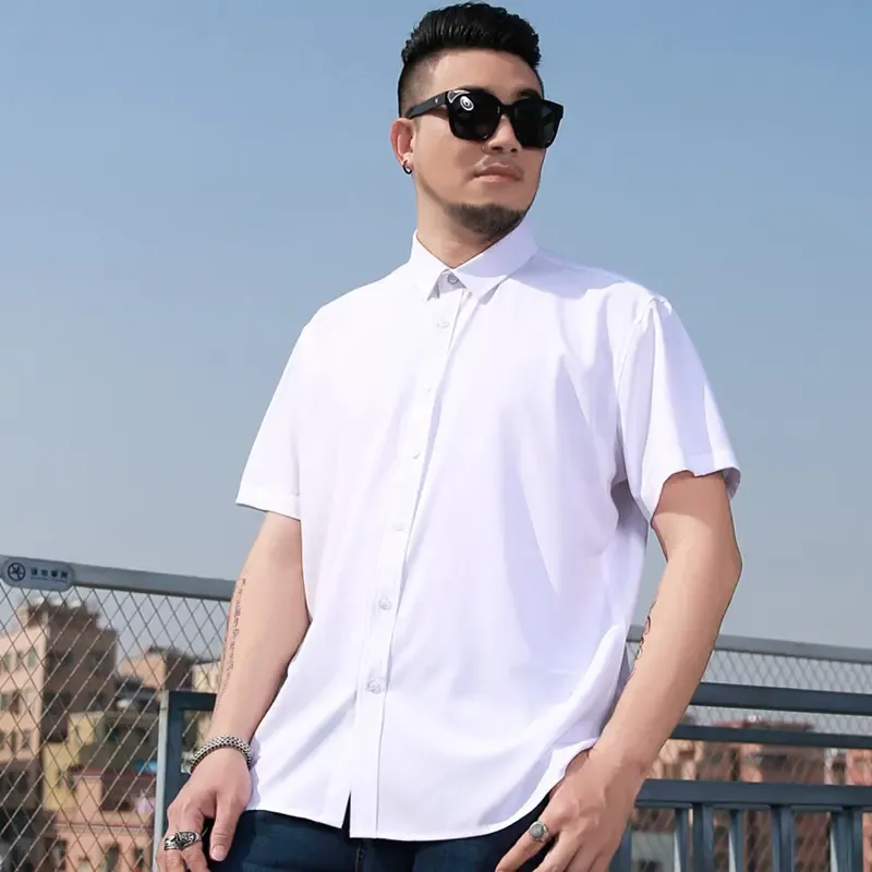 60-175KG Men Oversized Korean Style Solid Color Turn Down Collar Short Sleeve Shirts