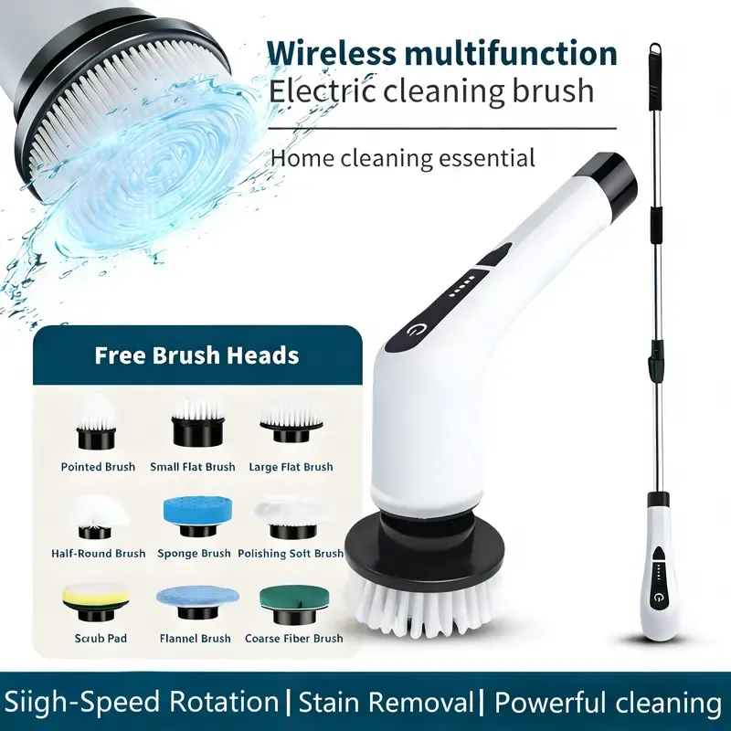 ​Electric Spin Scrubber,Cordless Shower Scrubber with IPX7 Waterproof,Electric Cleaning Brush,Multi-Surface Use,Long Battery Life,5 Adjustable Speed,3 Extendable Handle,9 Replaceable Brush Heads,Multi-Purpose Cleaning Kit for Bathroom  Kitchen
