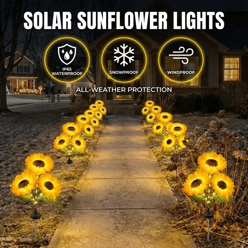Solar Powered LED Sunflower Garden Lights - Set of 2 Pieces, Realistic Nighttime Glow for Yard, Lawn, Patio, and Porch Decoration, Waterproof IP65, Energy-Efficient Outdoor Lighting, Garden Lighting | Decorative Solar Lights | Durable Plastic Flowers,