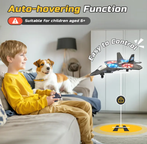 Remote-Controlled Fighter Jet — Crash-Resistant Quadcopter Drone with Colorful LED Lights — RC Aircraft Model Toy for Kids