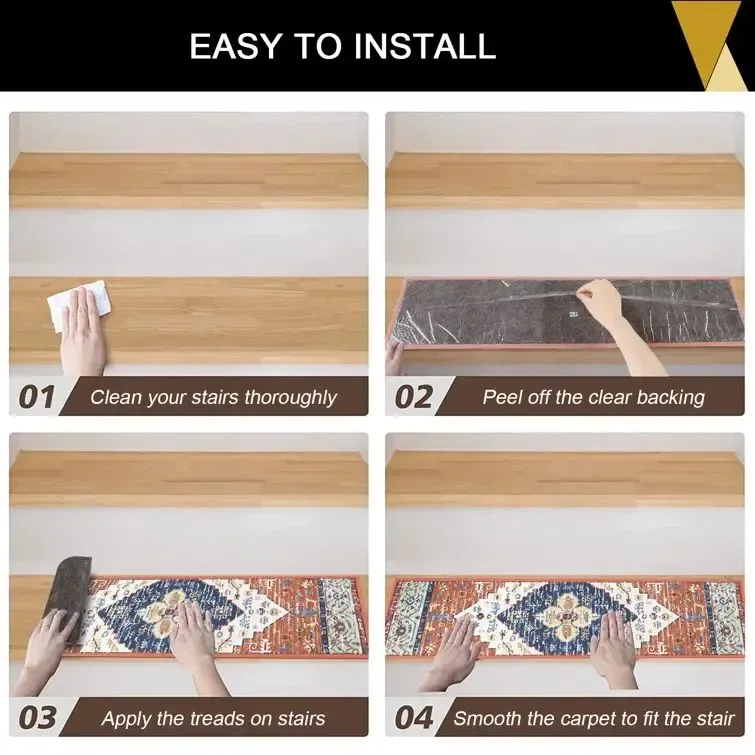 HEBE Non Slip Chenille Stair Runner for Wooden Indoor Reusable Soft Washable Rugs with Anti Slip Adhesive for Pets & Kids Stairway Grip Treads Decorative Mats 2PC