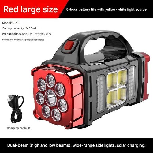 Solar Powered Handheld Flashlight, 8 Modes Spotlight with USB Cable, Rechargeable Portable LED Searchlight for Outdoor Hunting Boating Camping Emergencies