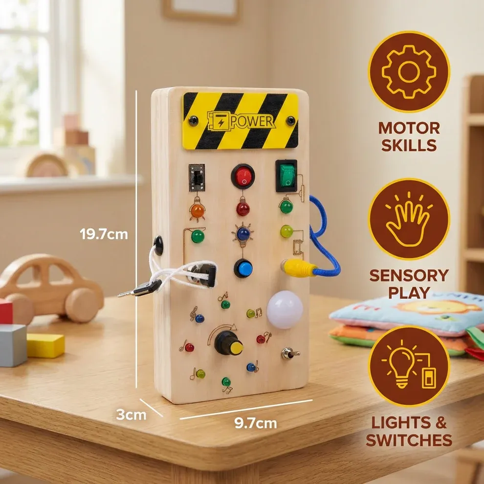 Montessori Sensory Board Made of Wood with Lights & Switches – Motor Skills Toy for Children