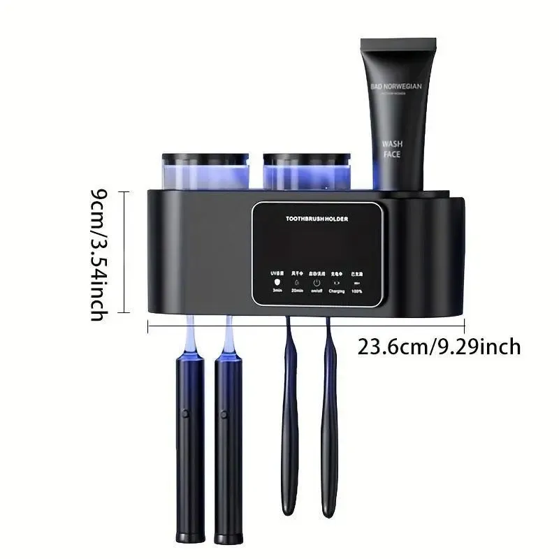 Wall Mount Toothbrush Holder with 2 Tooth Cups Smart Sterilizer Waterproof Durable Heat Resistant Odourless Modern Style Organizer Black Bathroom Accessory