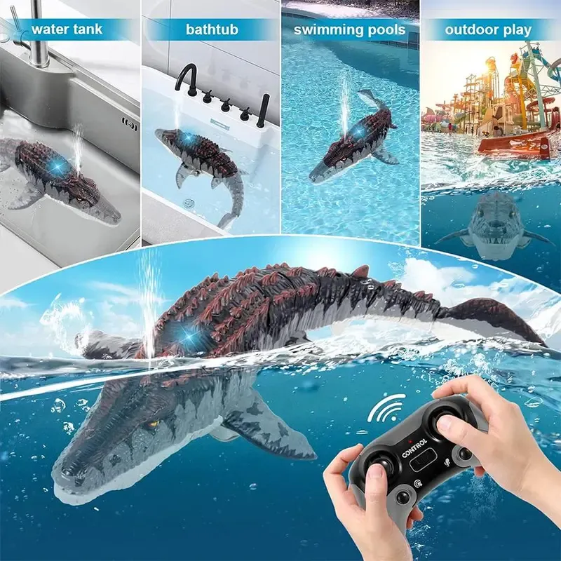 Remote-Control Mosasaurus Dinosaur Toy, 1 Count Rechargeable Electric Dinosaur with Light & Spray Effects, Pool Toy for Bath, Lake and Ocean Swimming