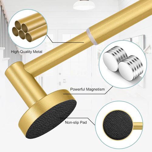 Gold Magnetic Curtain Rod for Door:Magnet Curtain Rods for Classroom Whiteboard,Small Adjustable Magnetic Towel Bar,Tool-Free French Magnet Pole with Leather Protective Cover No Drilling