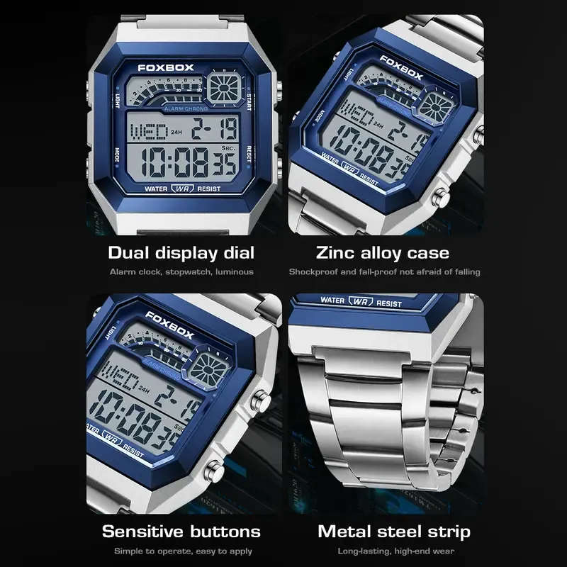 FOXBOX men's digital watch—perfect for students and adult men. Features an alloy case and strap, waterproof design, backlight, and displays time, date, and weekday