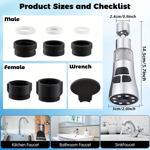 Faucet Sprayer Head, 3-Function Kitchen Sink Nozzle Sprayer Extender with 6 Adapters, Replacement Parts Compatible with Standard Faucets, Pull-Down Sprayer for Kitchen Tap Additions, Stream And Dual Waterfall Modes