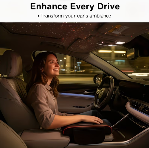Multifunctional car armrest lift pad with starry sky ceiling design, charging function, six-in-one storage, cup holder, and tissue box.