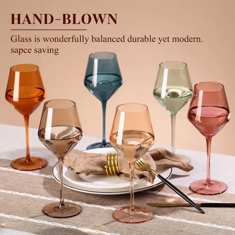 Hand Blown Colored Wine Glasses, 16oz Long Stemmed Crystal Wine Glasses | Set of 6 | Drinkware