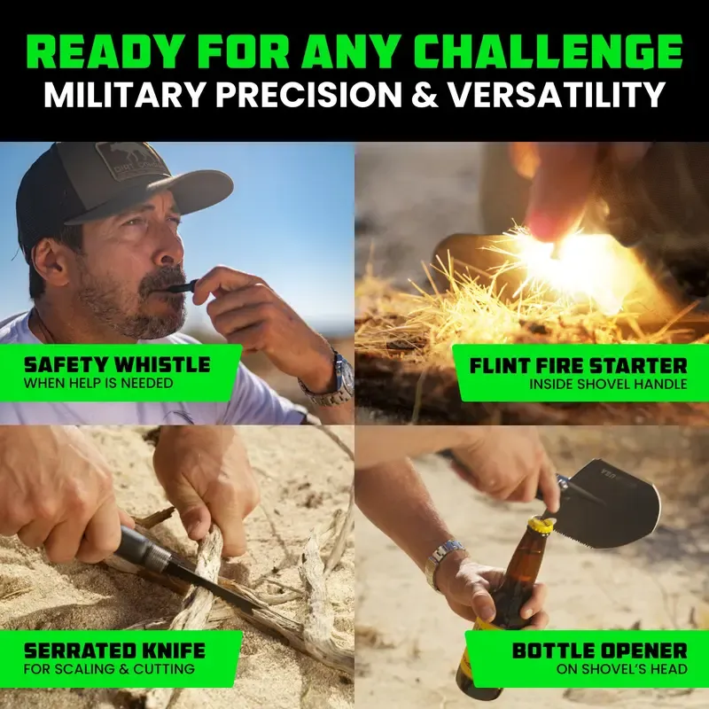 Rhino USA Survival Shovel w Pick Heavy Duty Carbon Steel Military Style Entrenching Tool for Offroad, Camping, Digging Dirt, Sand, Mud & Snow