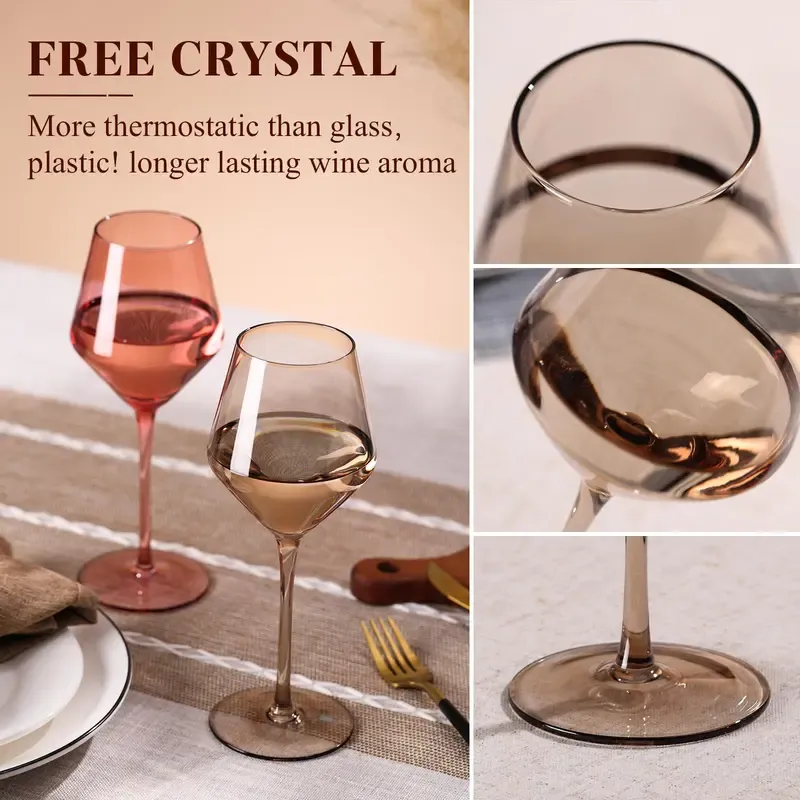 Hand Blown Colored Wine Glasses, 16oz Long Stemmed Crystal Wine Glasses | Set of 6 | Drinkware