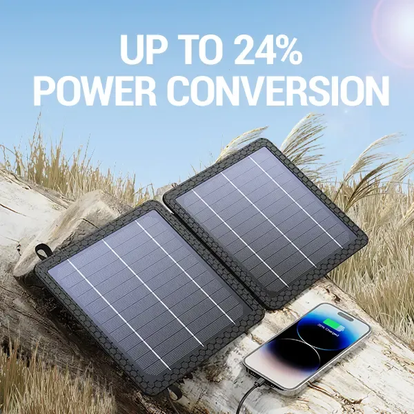10W Solar Charger, IP65 Waterproof, Foldable with Dual USB Outputs (5V-2A Max) for iPhone, iPad, Samsung, and more. Ideal for outdoor use.