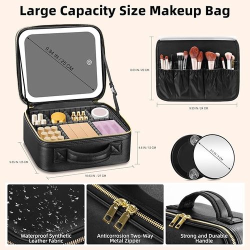 Makeup Bag with Mirror and Lights 3 Color, Travel Make up Bag Portable Lighted Makeup Case Organizer, Cosmetic Storage Case with 2-Layers Adjustable Dividers & 10X Magnifying Mirror(Black)