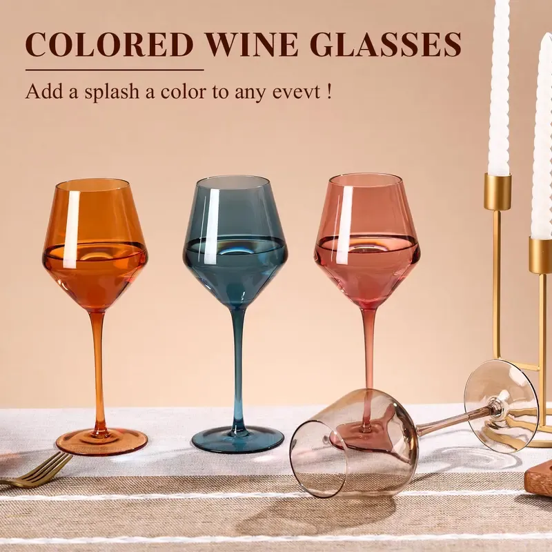 Hand Blown Colored Wine Glasses, 16oz Long Stemmed Crystal Wine Glasses | Set of 6 | Drinkware