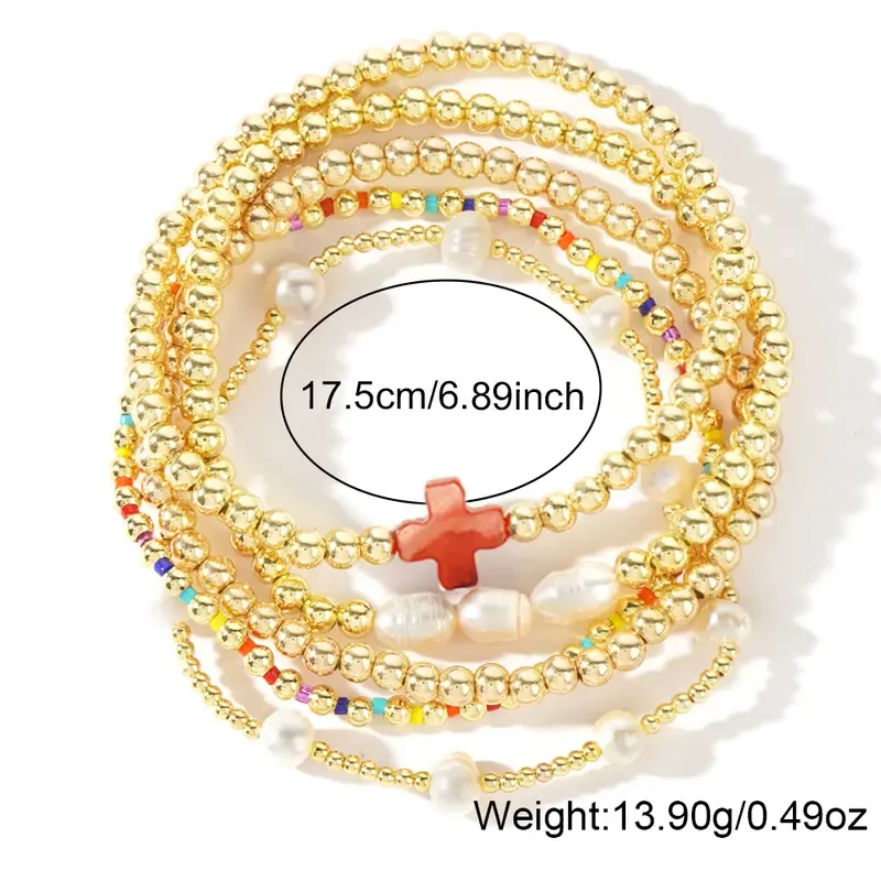 Shinus Boho Gold Plated Pearl Beaded Cross Bracelets Stack Set for Women Stretch Boho Colorful Christian Beads Ball Jewelry Friendship Trendy Gift for her