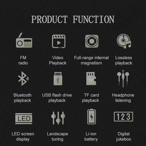 Portable rechargeable video radio, supports AM.FM and SW bands, equipped with Bluetooth, supports USB.Micro SD cards, 5W speaker, and headphone jack.