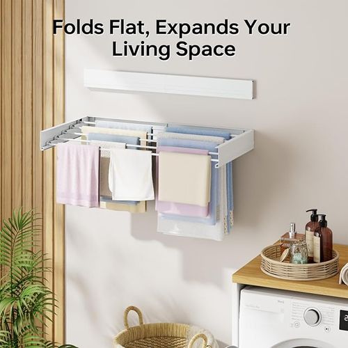 SYKIARIOL Wall Mounted Clothes Airer, Retractable Clothes Drying Rack, 80cm x 40cm x 10cm Foldable Laundry Drying Rack, Wall Mounted Clothes Drying Rack with 5 Rods, Drying Rack for Towel, White