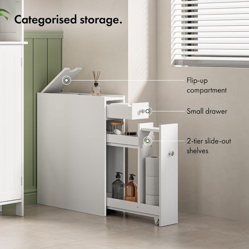 VonHaus Slim Bathroom Storage Unit - White Slimline Bathroom Cabinet - Narrow & Compact Bath Organiser with Drawer & Slide Out Shelving - Freestanding Shaker Style Storage - Holbrook