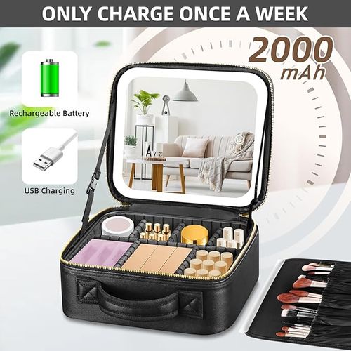 Makeup Bag with Mirror and Lights 3 Color, Travel Make up Bag Portable Lighted Makeup Case Organizer, Cosmetic Storage Case with 2-Layers Adjustable Dividers & 10X Magnifying Mirror(Black)