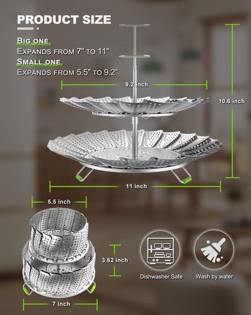 2 Layer Steamer Basket for Cooking - Large Capacity 2-in-1 Stainless Steel Vegetable Steamers,Expandable 5.4-11 Inches Adjustable Steamer Insert for Pots,Instant Pot,Dual Layer Steamers for Baby Food,Seafood,Dumplings ​
