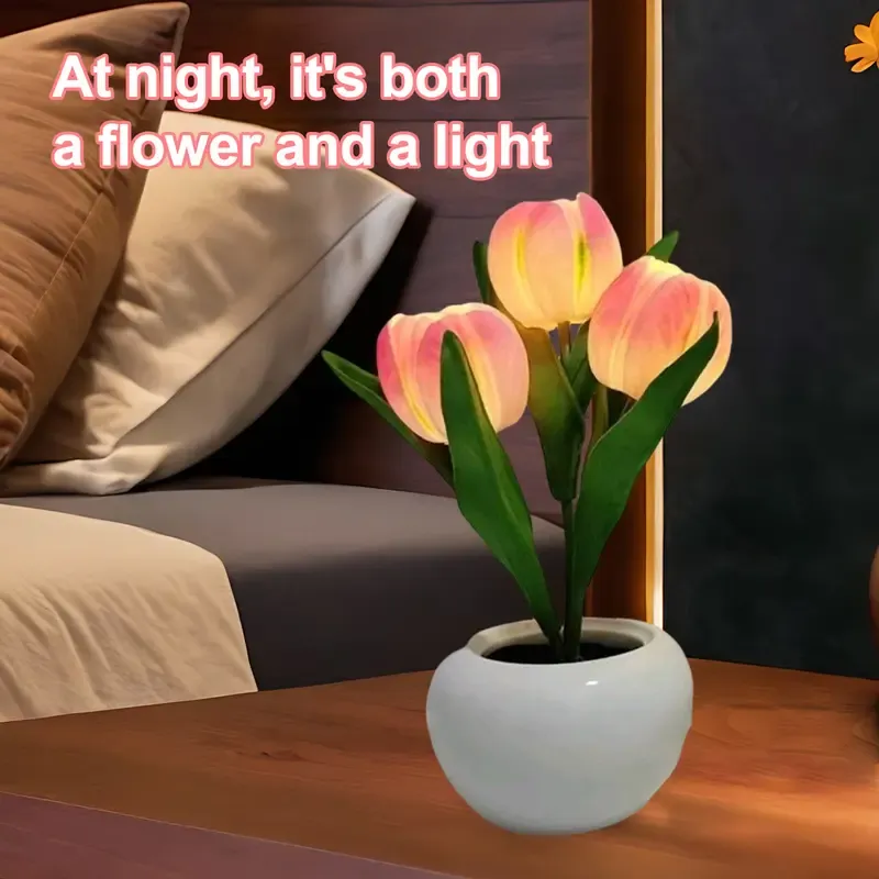 LED Simulation Tulip Table Lamp with Vase, Romantic Home Living Room Tabletop Decoration, Festive Holiday Gift for Home Supplies