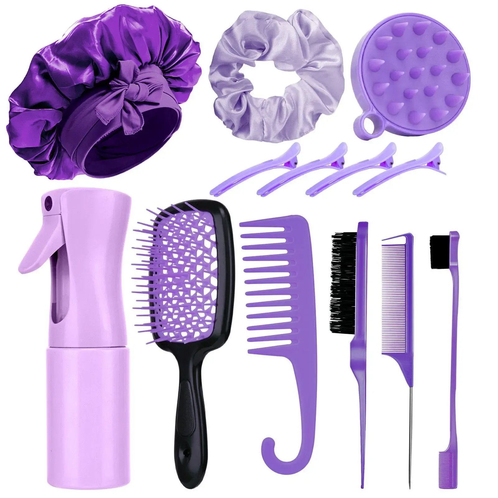 Purple 6-in-1 Hair Brush Set with Detangler & Combs for Straight Curly All Hair Types Wet Dry Adults Children 13 Counts Hair Care Kit