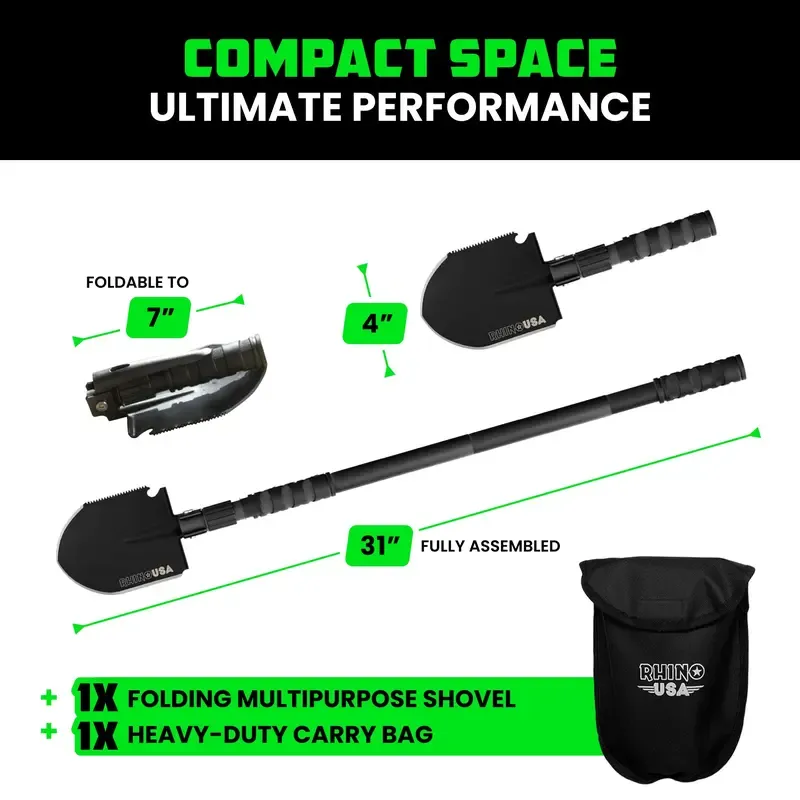 Rhino USA Survival Shovel w Pick Heavy Duty Carbon Steel Military Style Entrenching Tool for Offroad, Camping, Digging Dirt, Sand, Mud & Snow