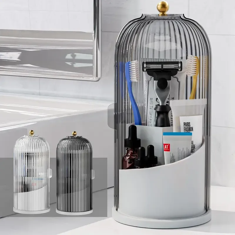 Dustproof Toothbrush Holders with Cover, Rotating Electric Toothbrush and Toothpaste Holder for Bathroom Countertop, 3 Slots Transparent Makeup Brushes Organizer for Vanity Dresser Bathroom & Office Makeup Brushes Holder, Beauty Organiser