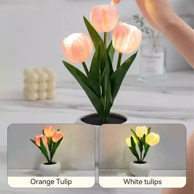 LED Simulation Tulip Table Lamp with Vase, Romantic Home Living Room Tabletop Decoration, Festive Holiday Gift for Home Supplies