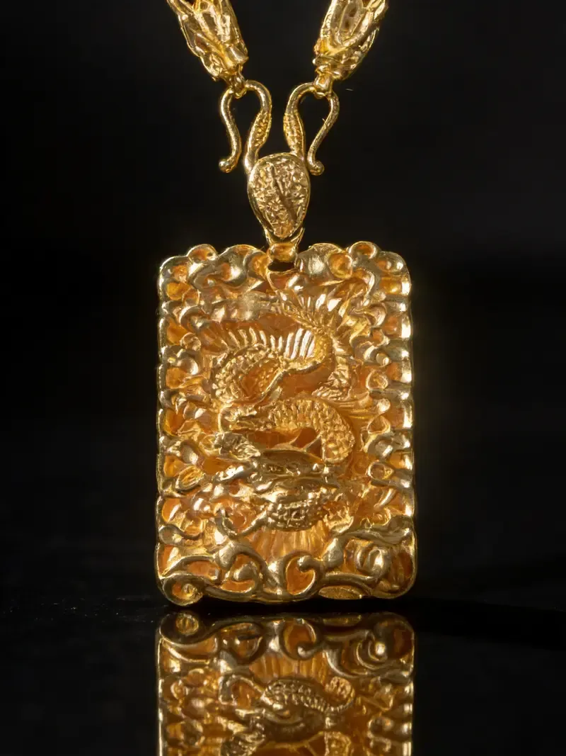 A set.  sand gold plated pendant necklace with a dragon-shaped pendant. Suitable for men to wear. Perfect for special occasions as a beautiful accessory gift for fathers, husbands, and couples. Gold Statement Chain