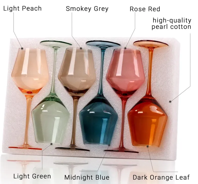 Hand Blown Colored Wine Glasses, 16oz Long Stemmed Crystal Wine Glasses | Set of 6 | Drinkware